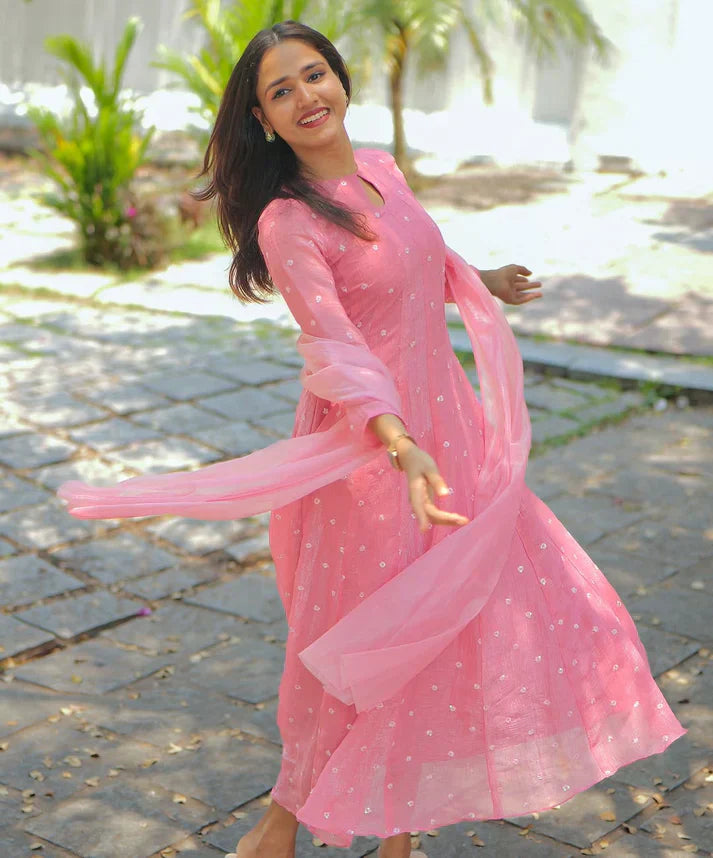 Pink Tafeta Silk Kali Cut Maxi