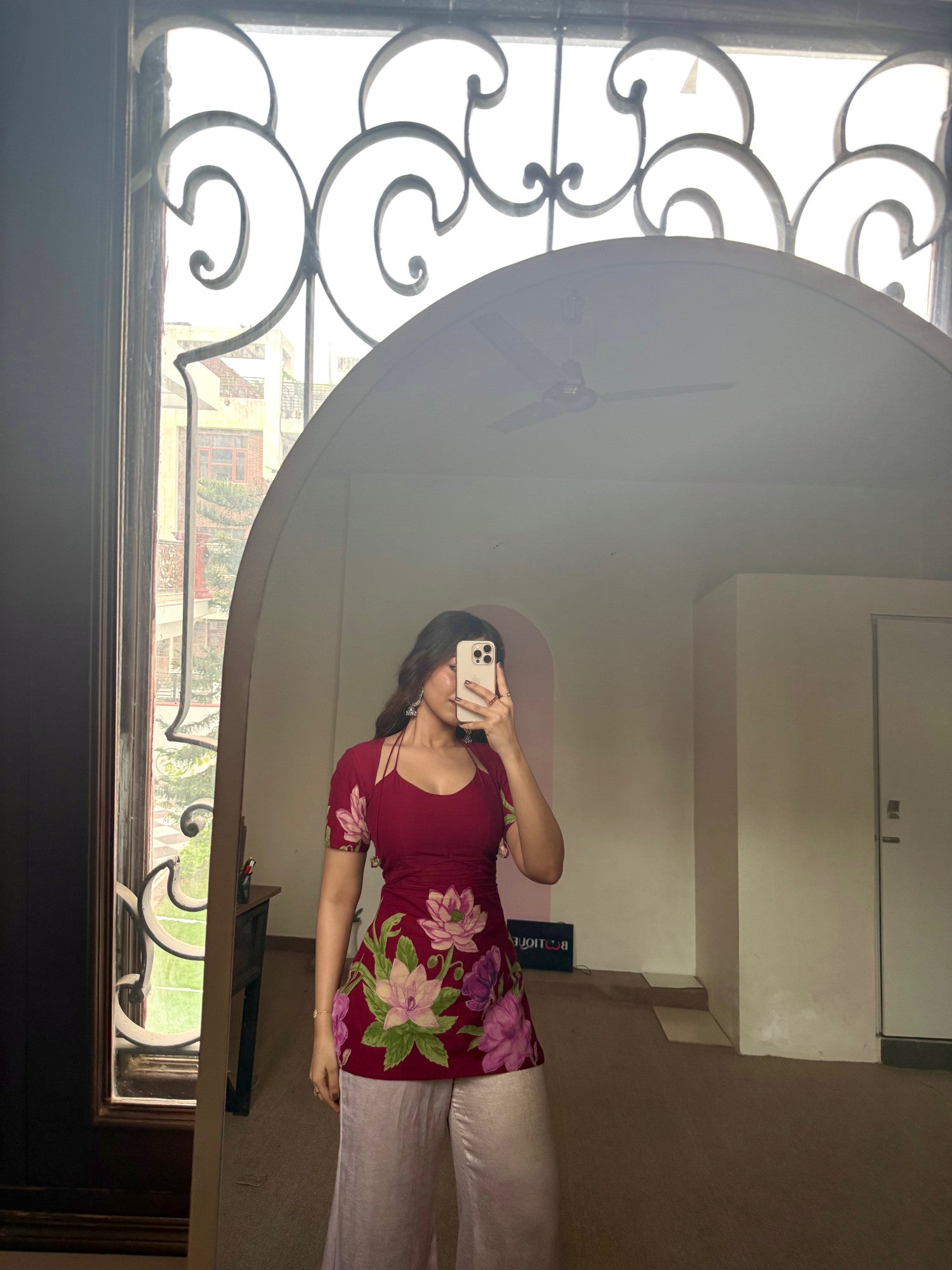 Laila Kurti – Deep Maroon Floral Pure Silk Kurti with Soft Double Lining