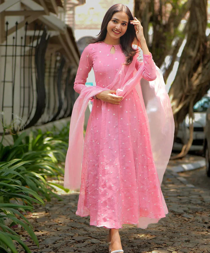 Pink Tafeta Silk Kali Cut Maxi