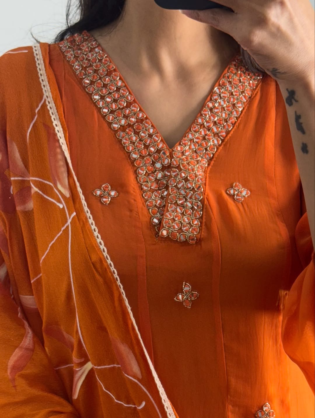 Mirror embroidered Anarkali pants set with hand painted dupatta