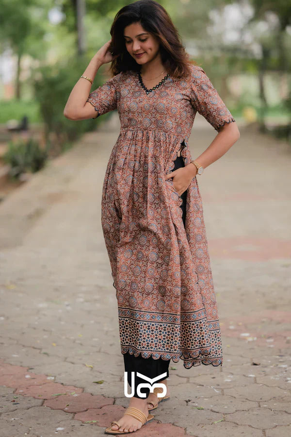 Ajrakh Kurta Set in Brown