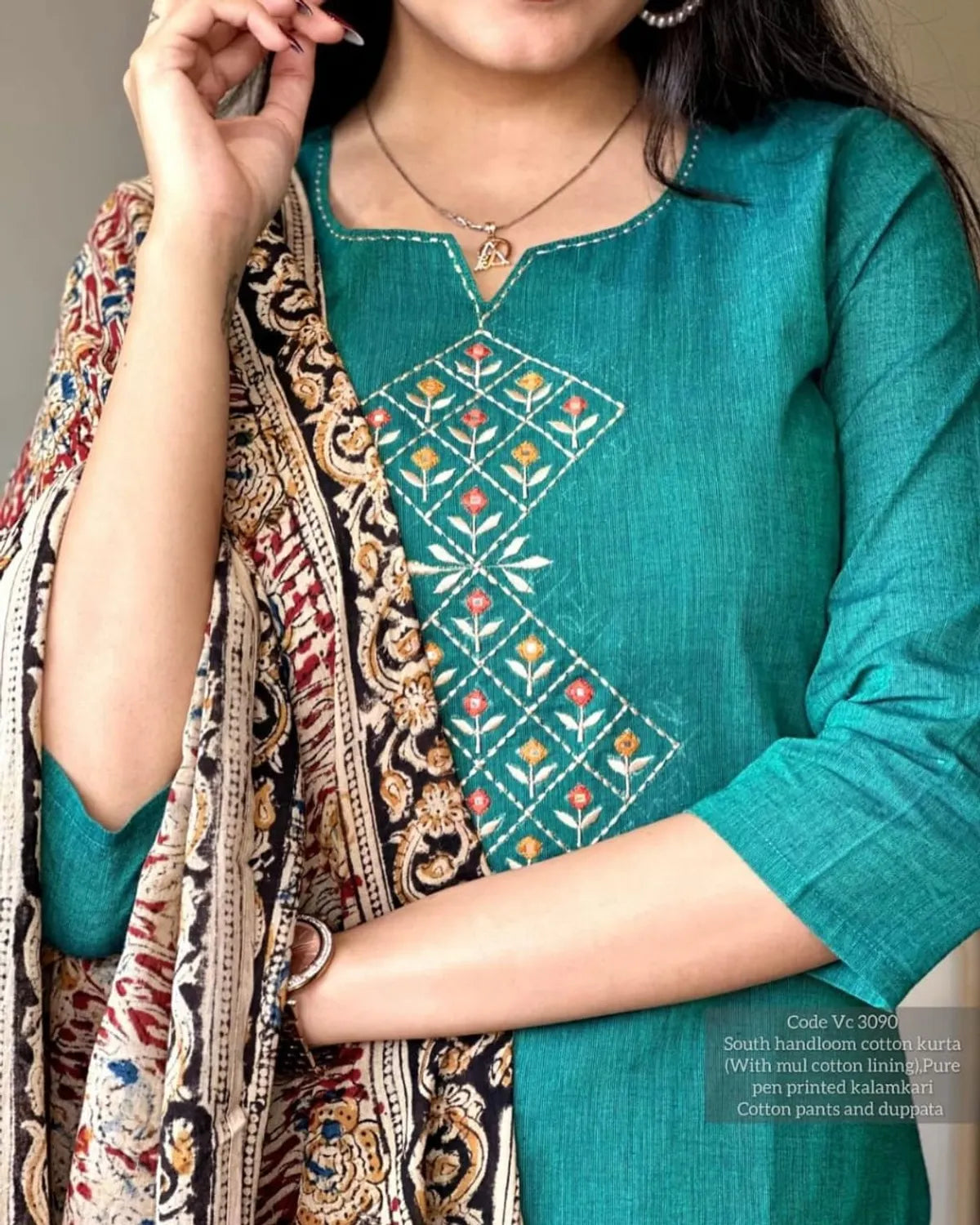 Sea Green slub Embroidery Duppta Set...