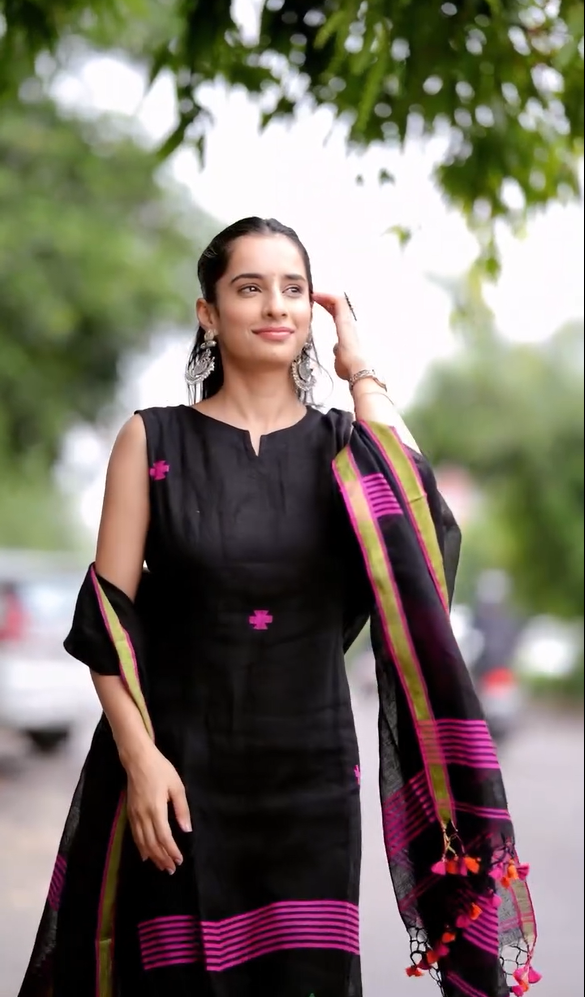 Black Linen Full Kurta Set