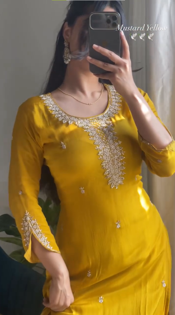 Yellow Handworked Kurti With Tulip Pants