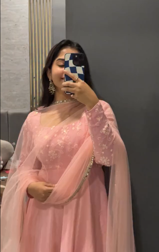 Pink Designer Embroidered Gown with Pant & Dupatta Set