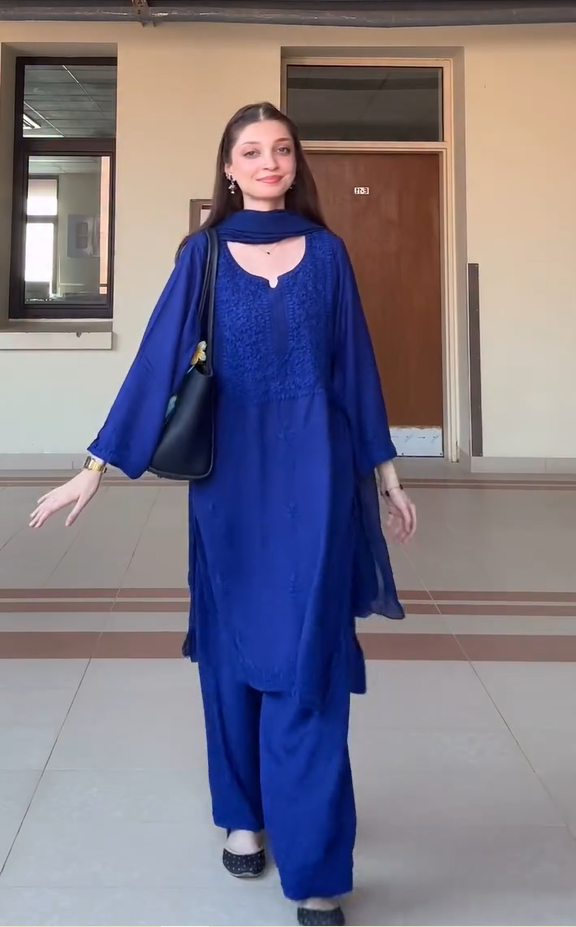 Chanderi Chikankari with Mukaish Solid Women's 3 PC Long Kurta Set- Purple