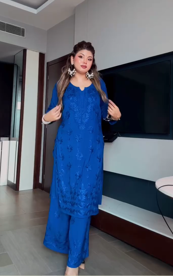 Lucknow Chikankari Hand Embroidered Blue Cotton Kurta