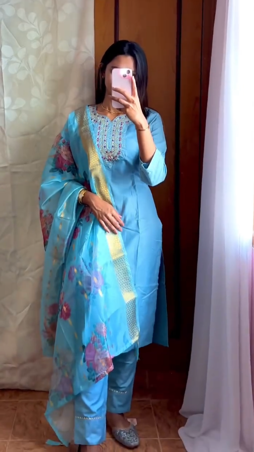 Women Embroidered Straight Kurta & Pants with Dupatta
