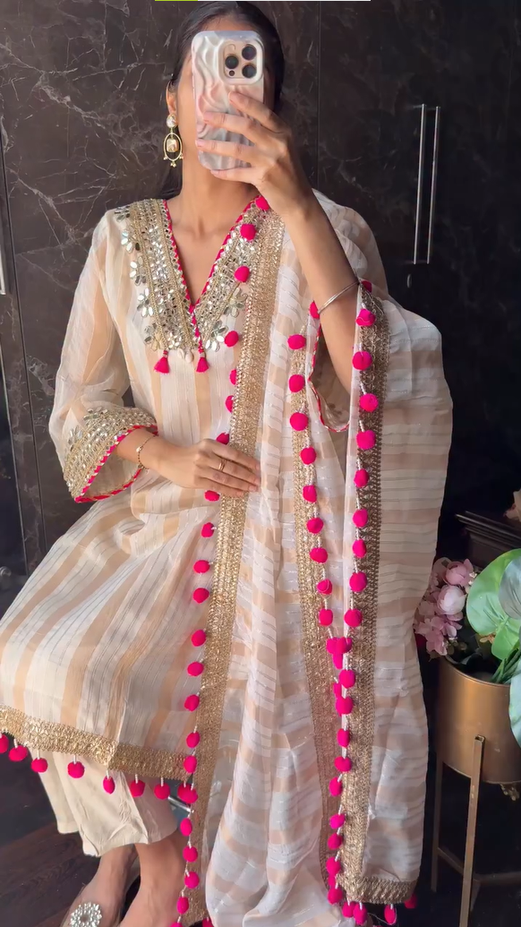 Ivory Tissue Banarasi Mirror Embroidered Suit Set