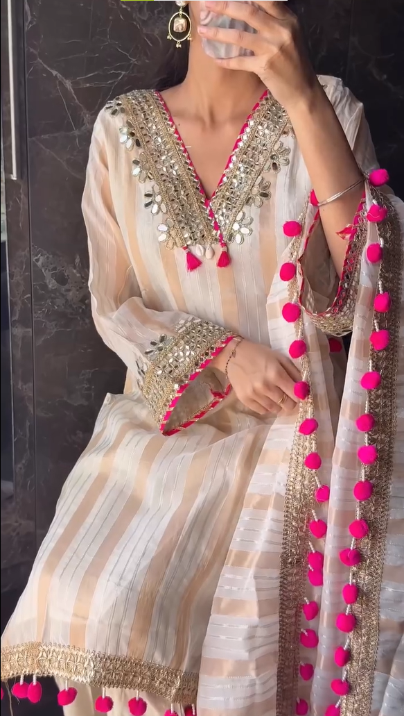 Ivory Tissue Banarasi Mirror Embroidered Suit Set