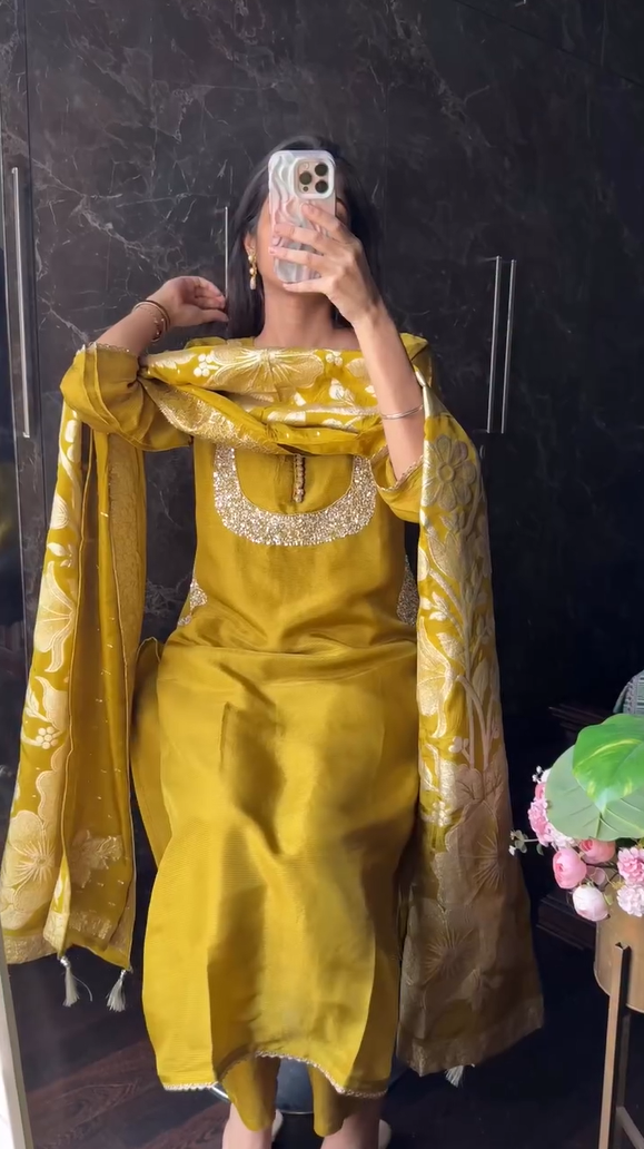 Yellow Colour Shimmer Tissue Dupatta Set