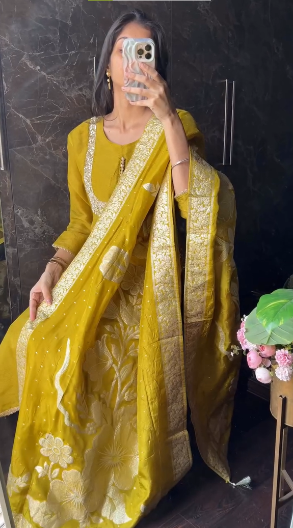 Yellow Colour Shimmer Tissue Dupatta Set