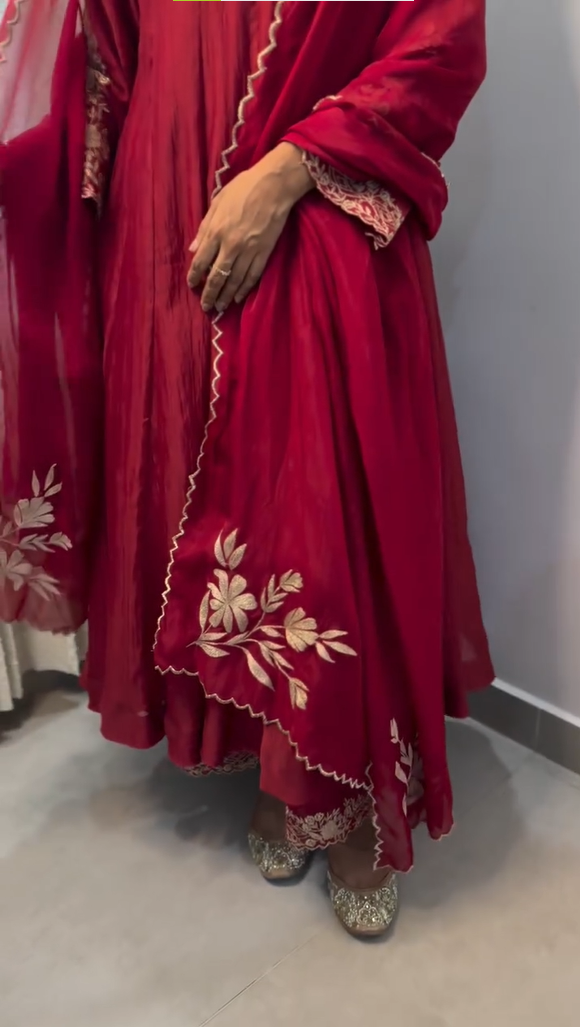 Woman Dark Maroon Zari Embroidered Festive Kurta, Pant and Dupatta Set