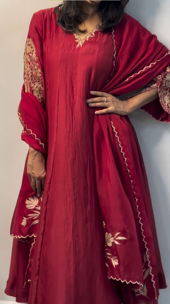 Woman Dark Maroon Zari Embroidered Festive Kurta, Pant and Dupatta Set