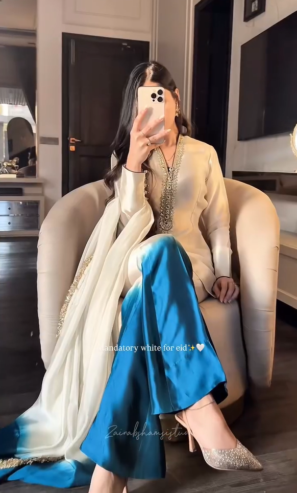 Beige Tissue & Organza Zari Embroidered Fringe Kurta Gharara Set