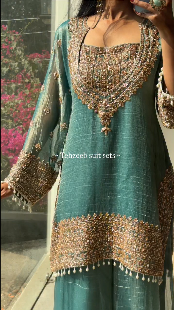 Elegant Blue Tissue Silk Palazzo Suit Set