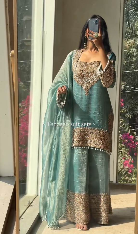 Elegant Blue Tissue Silk Palazzo Suit Set