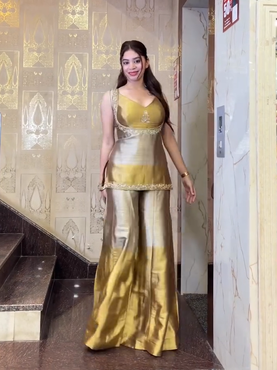 Goldan silk zari tissue kurta and sharara Set