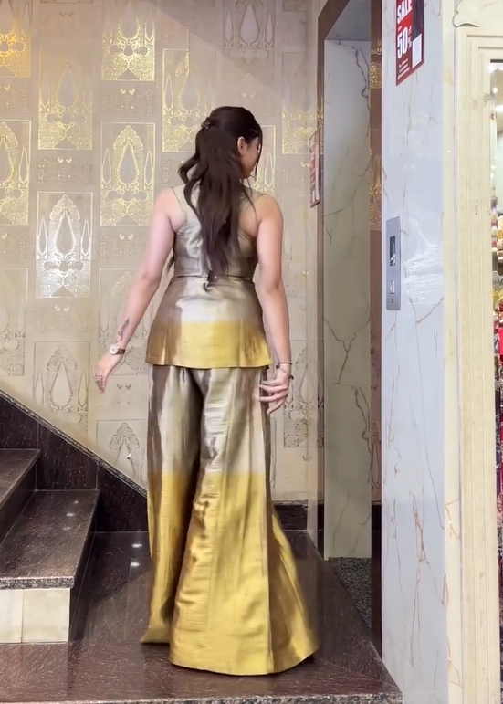 Goldan silk zari tissue kurta and sharara Set