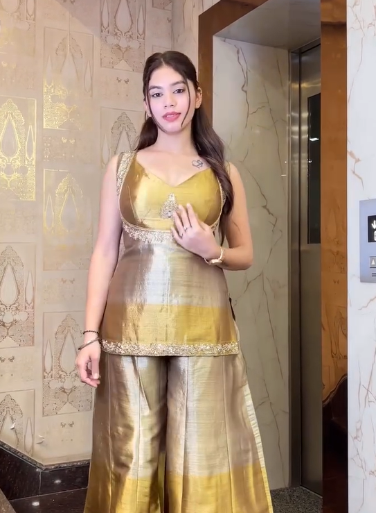 Goldan silk zari tissue kurta and sharara Set