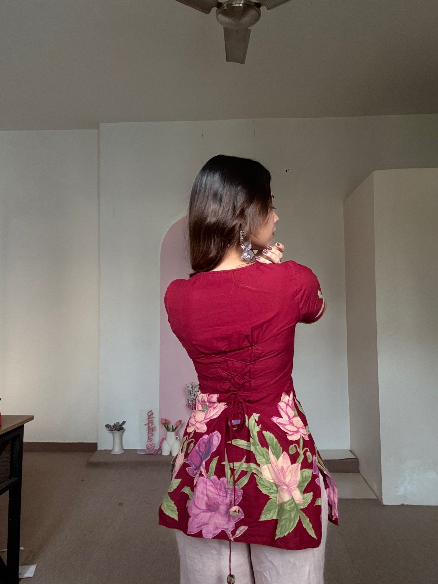 Laila Kurti – Deep Maroon Floral Pure Silk Kurti with Soft Double Lining